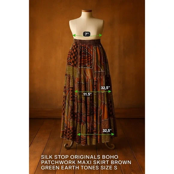 Silk Stop Originals Boho Patchwork Maxi Skirt Brown Green Earth Tones Size S - Picture 1 of 7